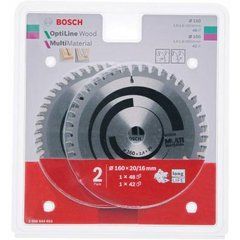 BOSCH дисковая пила Twin Pack OPTILINE WOOD 160X2,6/1,6X20X48Z + MULTI материал 216X2, 4/1, 8x30x60z
