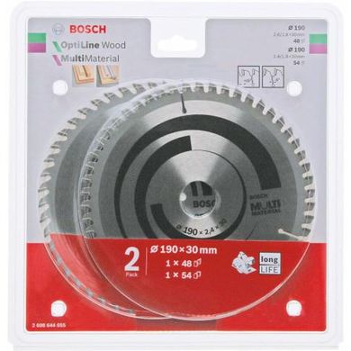 BOSCH дисковая пила Twin Pack OPTILINE WOOD 190X2,6/1,6X30X48Z + MULTI материал 190X2, 4/1, 8x30x54z