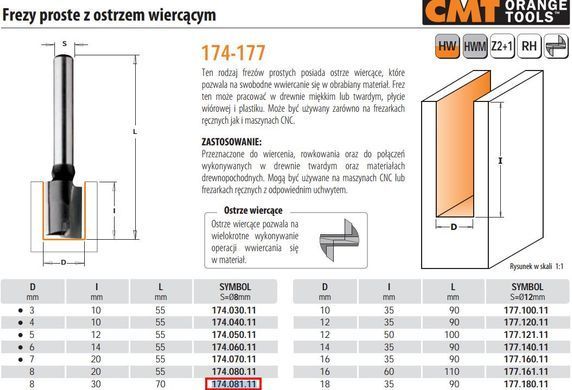 CMT Фреза HM D=8 I=30 L=70 S=8 прямая, режущее острие