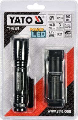 Фонарь светодиодный (XPG3 CREE) Yato, аккумуля. Li-Ion - 2.2 A, Р= 6 Вт, Ф= 500 lm. &Oslash;= 28 мм x 120 мм