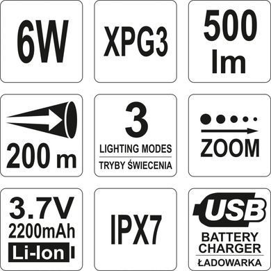 Фонарь светодиодный (XPG3 CREE) Yato, аккумуля. Li-Ion - 2.2 A, Р= 6 Вт, Ф= 500 lm. &Oslash;= 28 мм x 120 мм