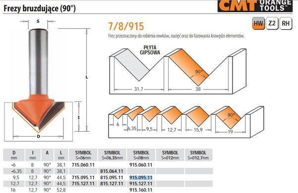 CMT ФРЕЗА HM D = 9,5 І = 12,7 A = 90 S = 8