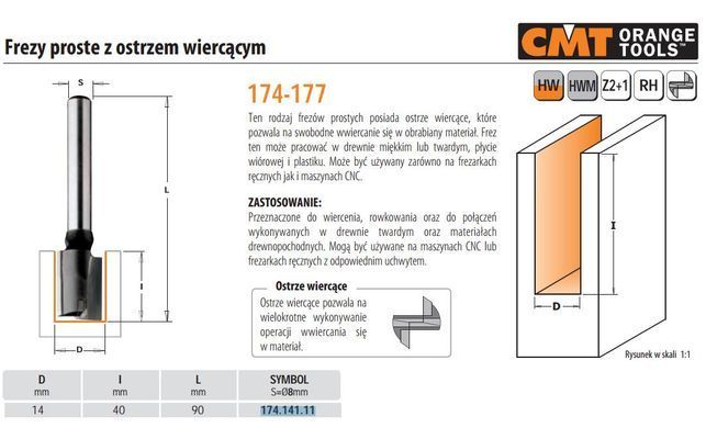 CMT Фреза прямая HM D=14 I=40 L=90 S=8 з сверлячим остріем