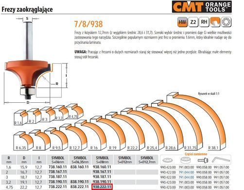 CMT Фреза HM R=4,75 D=22,2 I=12,7 S=8 закругляющая с подшипником