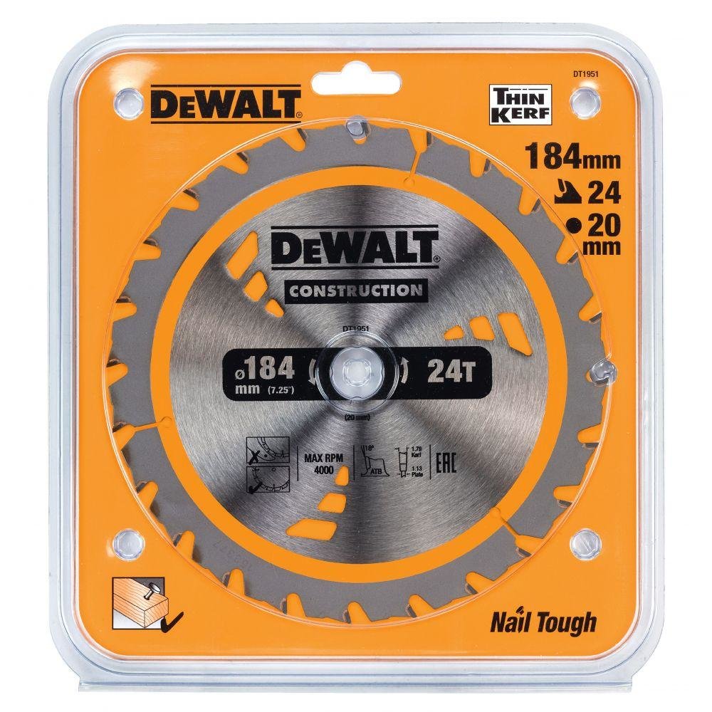 Пильный диск по дереву 184x20 мм 24 зуба CONSTRUCTION DeWALT DT1951-QZ