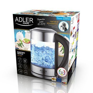 Скляний чайник об'ємом Adler AD 1247 NEW 1,7 л з контролем температури