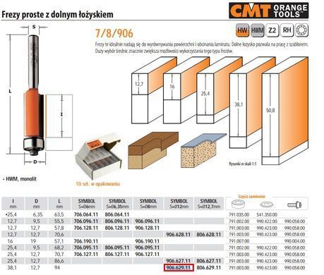 CMT Фреза HM I=38,1 D=12,7 S=12 нижний подшипник прямая с нижним подшипником