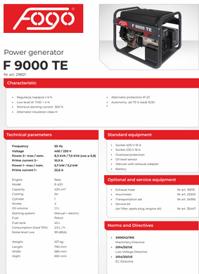 Генератор бензиновый  Fogo F9000TE 8,3 кВт 45 л 3 фазы
