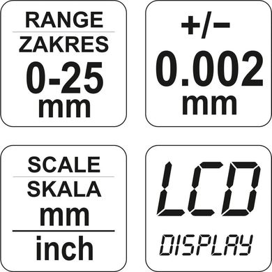 Мікрометр електронний 0-25мм із цифровим дисплеєм Yato YT-72305