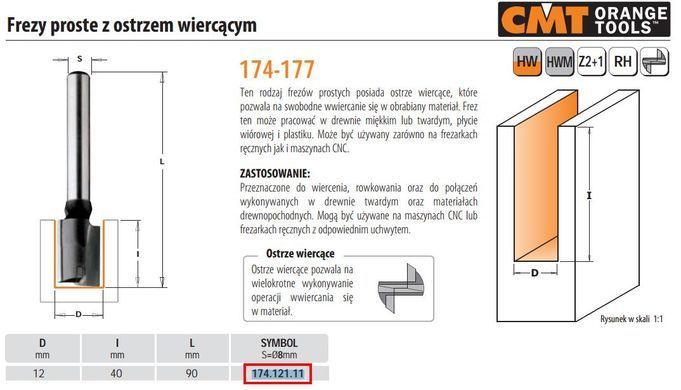 CMT Фреза прямая HM D=12 I=40 L=90 S=8 со сверлящей кромкой