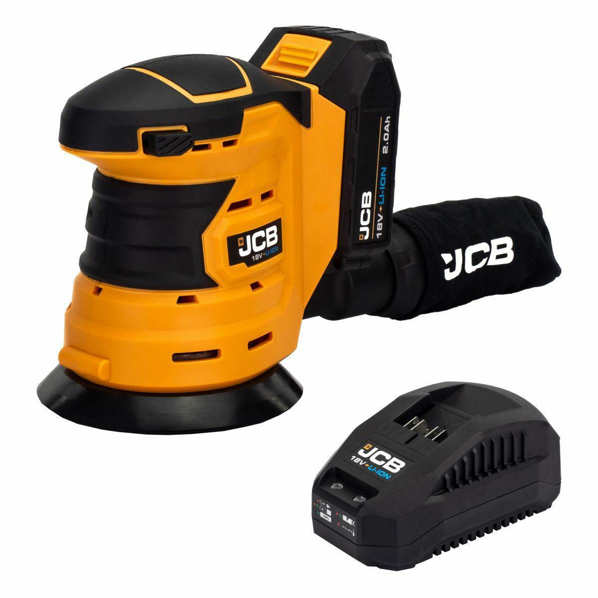 Эксцентриковая шлифмашина JCB 18 В, диск 125 мм, 10 000 об/мин, АКБ 2,0 Ач