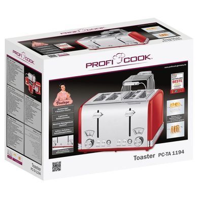 Тостер 4 скибочки вінтаж 1630 Вт ProfiCook PC-TA 1194 червоний