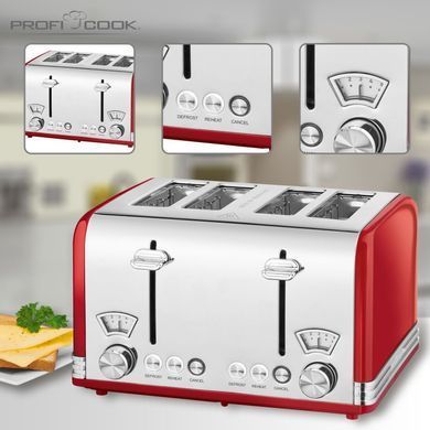 Тостер 4 скибочки вінтаж 1630 Вт ProfiCook PC-TA 1194 червоний