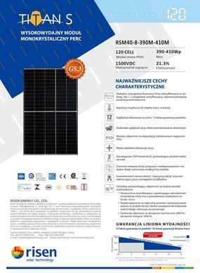 Сонячна панель 400 Вт MONOCRYSTALL RISEN Kraft&Dele R400W-CZ