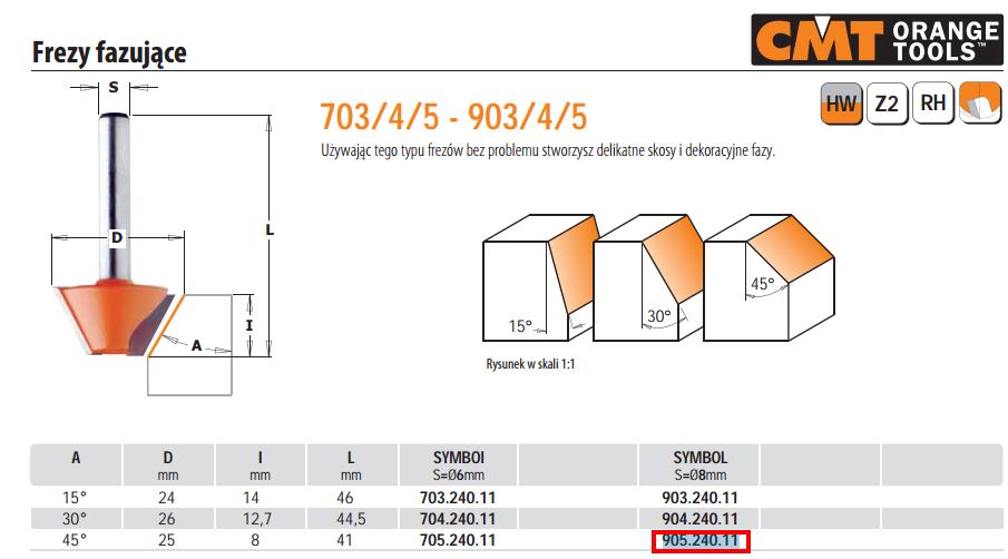 Фреза для фаскування CMT A=45 D=25 I=8 L=41 S=8 для декоративних фасок, фото 2