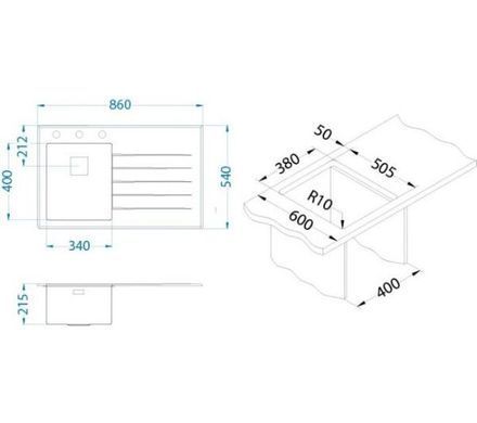 Кухонная мойка встраиваемая в столешницу с сушилкой Alveus Crystalix 10 1102854, нестандартная чаша слева &ndash; сталь/стекло