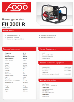 Генератор бензиновий 2,7 кВт Fogo FH3001R