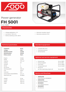 Бензиновий генератор 4 кВт Fogo FH5001