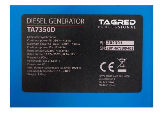 Дизельный генератор 4200 Вт Tagred TA7350D