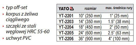Ключ сантехника трубный газовый 450мм Yato YT-2204