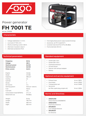 Генератор бензиновий Fogo FH7001TE 6,2 кВт 45 л