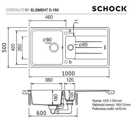 Кухонна мийка Schock ELEMENT D-150 alpina - граніт, вбудовується в стільницю, сушарка