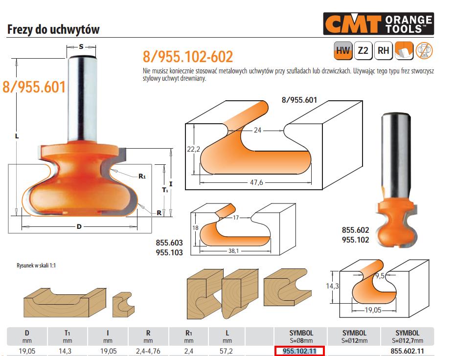 Фреза HM для дерева D=19,05 I=19,05 T=14,3 S=8 CMT 955.102.11 для ручек