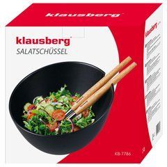 Миска керамічна для салату Klausberg чорна зі сталевими ложками з дерев'яними ручками