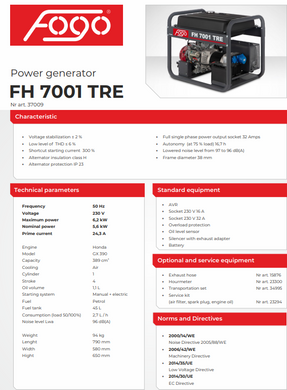 Генератор бензиновий Fogo FH7001TRE 6,2 кВт 45 л