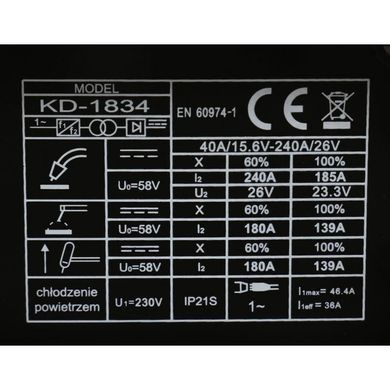 Інверторний зварювальний апарат MIG/MAG+MMA+TIG-LIFT Kraft&Dele KD1834