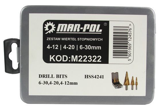 Ступінчасті конусні свердла 4-12; 4-20; 6-30 мм/спіраль Mar-Pol M22322