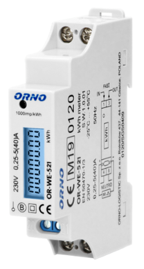 ORNO 1-фазний лічильник електроенергії, 40A, MID, імпульсний вихід, підсвічування, 1 модуль