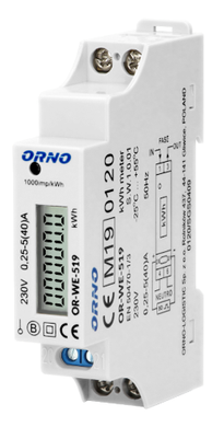 ORNO 1-фазний лічильник електроенергії, 40A, MID, імпульсний вихід, 1 модуль, DIN TH-35mm