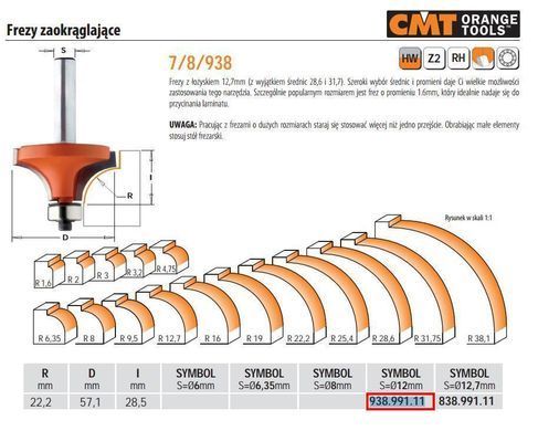 CMT Фреза HM R=22,2 D=57,1 I=28,4 S=12 скругляющая с подшипником