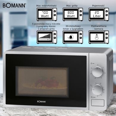 Мікрохвильова піч 20 л 1950 Вт Bomann MWG 6015 CB сіра