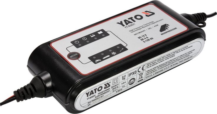 Перетворювач напруги Yato з мережі AC 230 В в 12 В DC для зарядки акумуляторів; 4 А, 5-120 Ач