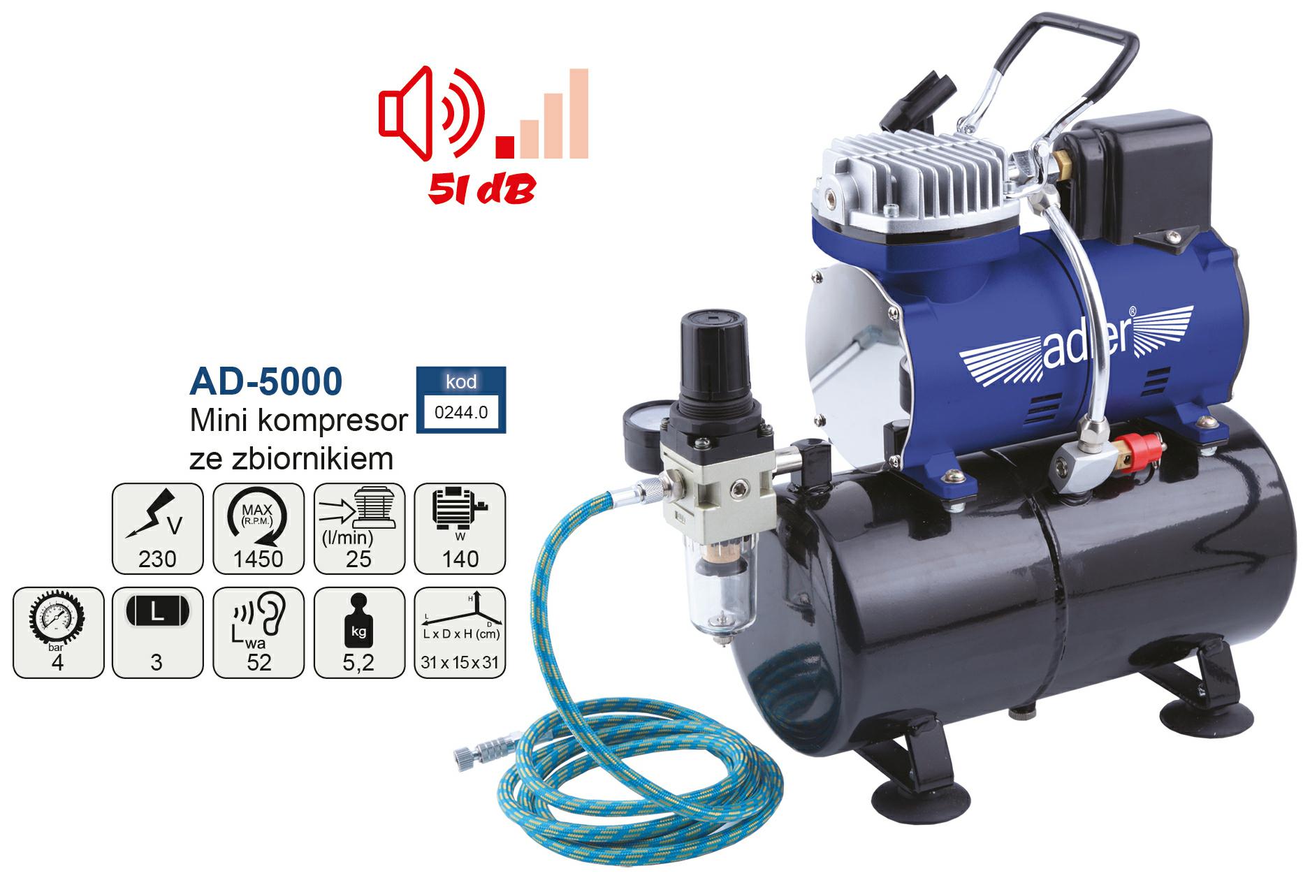 Міні-компресор для аерографа Adler AD-5000, 3 л, 25 л/хв, 4 бар