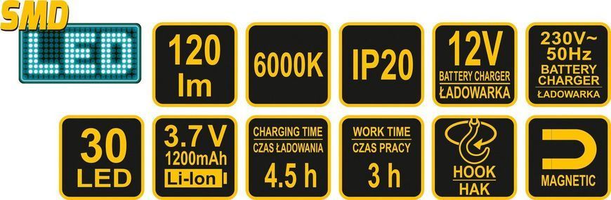Лампа діодна, переносна VOREL 30 SMD, акумуля. Li-Ion 3.7, 1.2 Ач, зарядн. пристроєм, 120 Lm