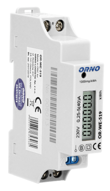 ORNO 1-фазный счетчик электроэнергии, 40A, MID, импульсный выход, 1 модуль, DIN TH-35mm