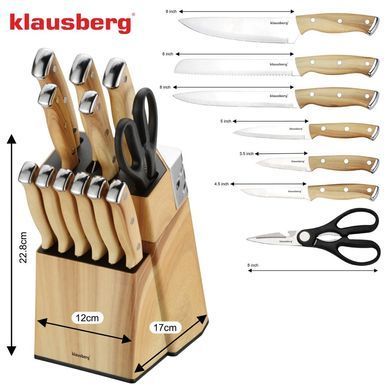 Набор ножей кухонных Klausberg KB-9038 13 элементов из нержавеющей стали с точилом и подставкой
