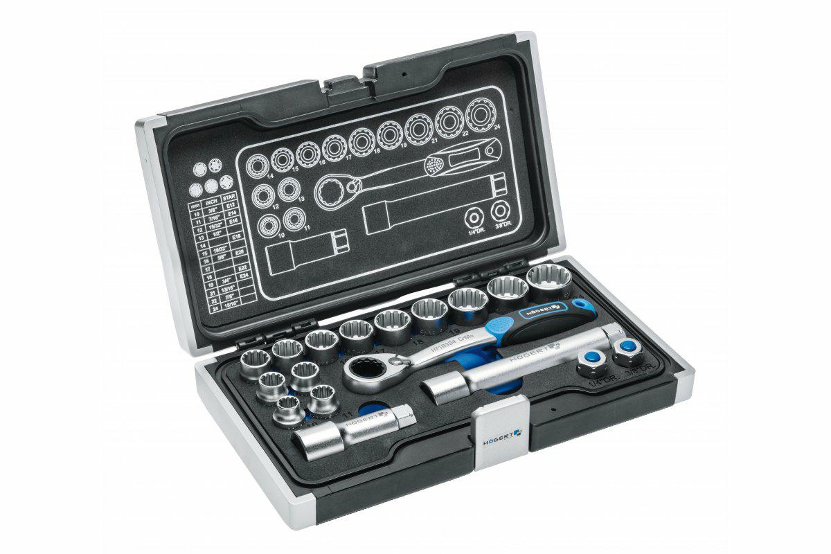 Набор ключей Hogert с проходной трещоткой 19 мм, насадки 10–24 мм